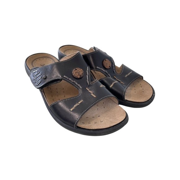 Romika Slide Sandals Size 40 Leather Slip On Open Toe Black Tan Comfort Walking - Picture 1 of 8